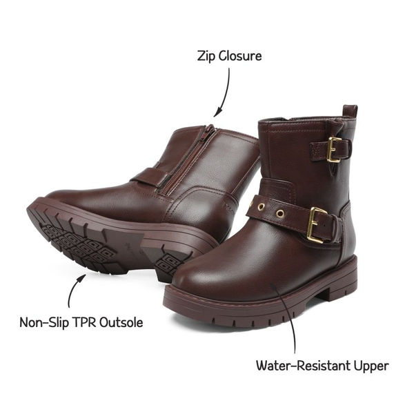 Girls Water-Resistant Zipper Ankle Boots - BROWN - 3